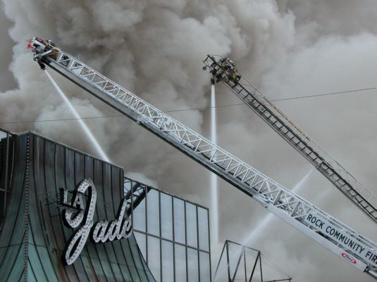 Fire of LA Jade being sprayed with water