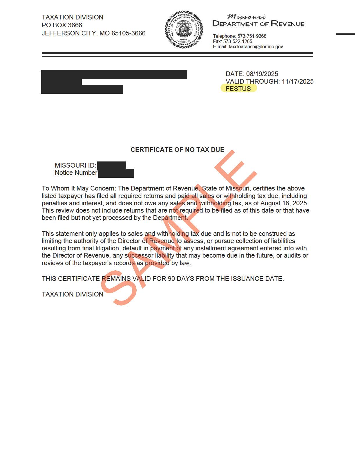 Festus No Tax Due Example