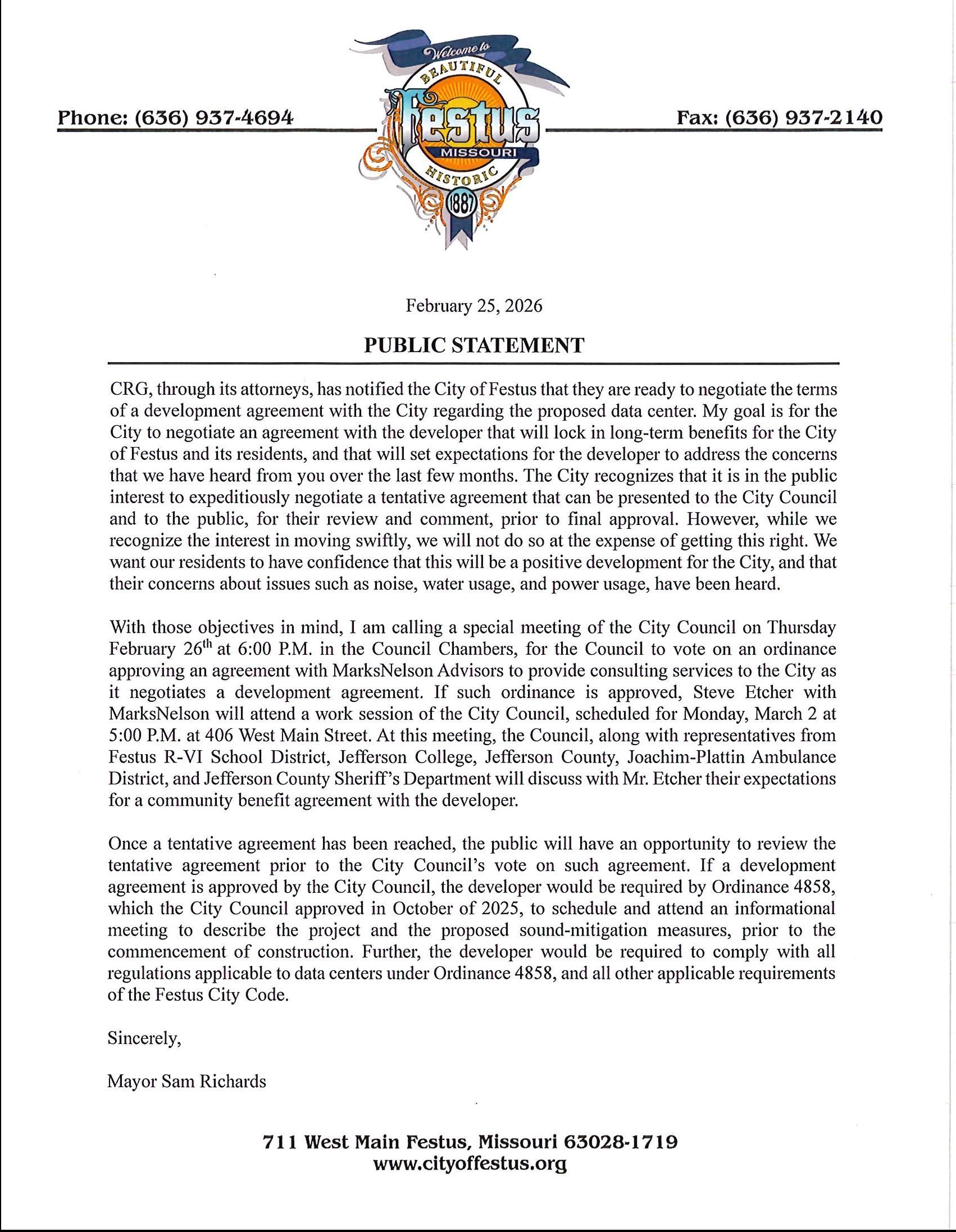 City of Festus - Public Statement on Proposed Data Center 2.25.2026